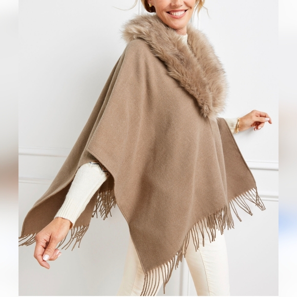 Talbots Fur Collar Ruana Cape Sz M/L NWT - Picture 1 of 10